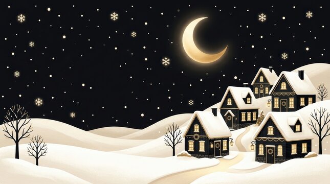 Charming winter village scene at night with glowing crescent moon, snowcovered roofs, warm lit windows, and delicate snowflakes falling on rolling snow dunes