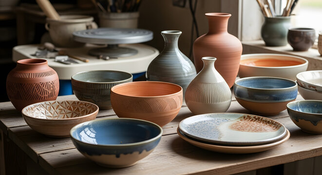 Handcrafted ceramic bowls, vases, and plates on wooden table in studio