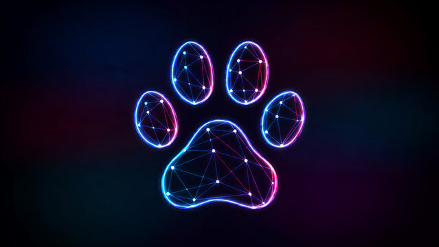 Abstract neon paw print symbol made of glowing digital lines and dots.