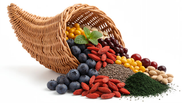 Wicker cornucopia overflowing with a variety of healthy superfoods and berries.