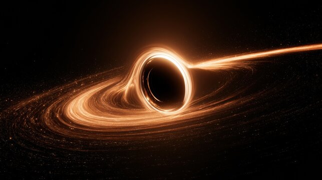 A black hole sits in deep space with a glowing accretion disc swirling around it. The event horizon ring glows brightly in the dark.