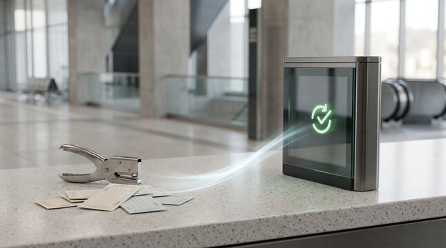 A conceptual digital ticket scanning machine on a counter with paper tickets and a hole puncher in a modern airport terminal or railway station