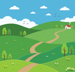 Fototapeta premium Cartoon landscape with rolling green hills and a path