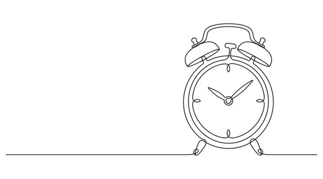 Continuous line drawing of a twin bell alarm clock on a straight line with vector illustration