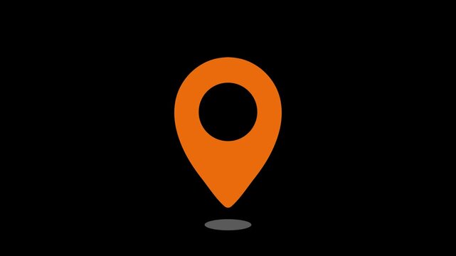 Animated orange map pin location marker on black background, navigation geolocation
