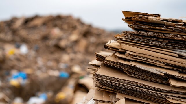 Stacked cardboard on a vast landfill with blurred refuse