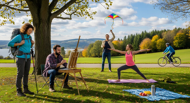 Diverse group of people enjoying various outdoor activities in a sunny autumn park
