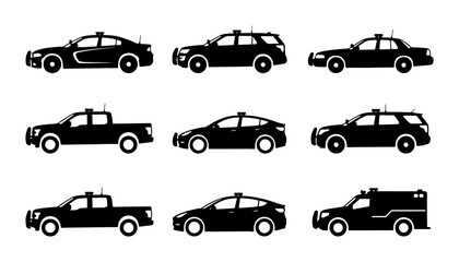 Police Car Icons, Law Enforcement Vehicle Silhouettes, Security Transport Vector Set © Sriti