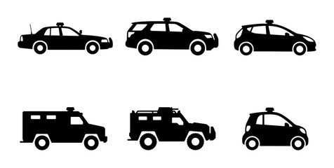 Police Car Icons, Law Enforcement Vehicles Set, Security Transport Silhouettes, Black Vector Graphics © Sriti