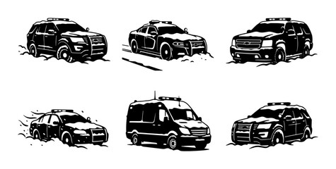 Police SUV, Sedan, Van Vector Icons: Law Enforcement Vehicles, Emergency Services, Patrol Cars, Security Transport © Sriti