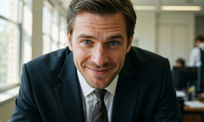 Fototapeta premium A young professional man shares a conspiratorial grin in an office.