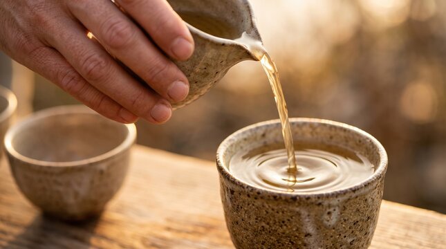A hand gently pours steaming tea into a textured clay cup, set against a serene backdrop of a glowing sunset. This peaceful scene captures the art of tea-making.