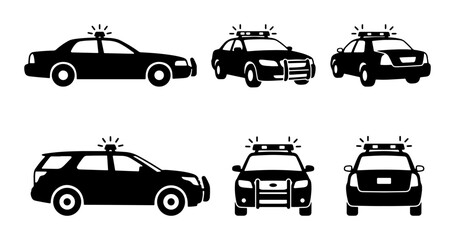 Police Car Icons Set, Law Enforcement Vehicle Silhouettes, Black and White Patrol Car Vector Graphics © Sriti