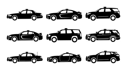 Police Car Icons, Law Enforcement Vehicle Silhouettes, Black Sedan and SUV Vector Set © Sriti