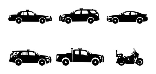 Police Vehicle Icons Set: Patrol Car, SUV, Sedan, Pickup Truck, Motorcycle Silhouettes © Sriti