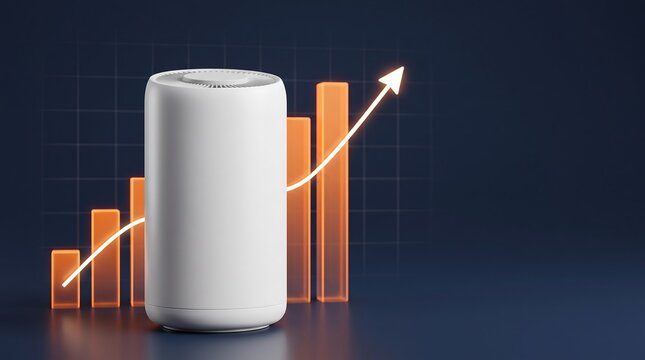 Air purifier device centered with rising price increase bar chart background showing economic inflation of consumer electric product costs