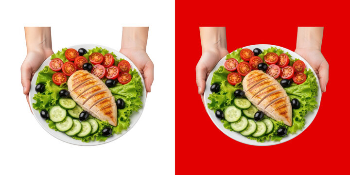 Hands holding a plate of grilled chicken salad with fresh vegetables transparent png