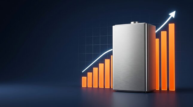 Large metal battery cell centered with rising price increase bar chart background showing economic inflation of consumer electric product costs