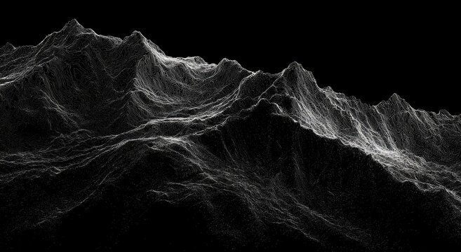 Abstract, ethereal mountain range rendered in white light against a stark black background