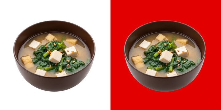 Healthy miso soup bowl with tofu and spinach in ceramic bowl transparent png