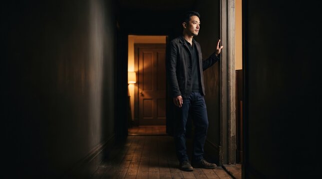 A man in a black jacket stands thoughtfully in a shadowy hallway of an aged building. Soft light beckons from an open door, creating a sense of intrigue and history.