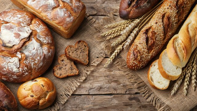 Top view of assorted fresh bread on rustic wooden table with wheat ears. Artisanal bakery products represent food quality and traditional home cooking concepts.