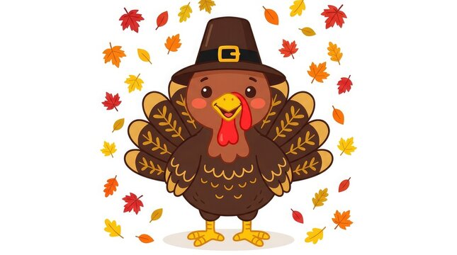 Celebrating canadian thanksgiving with a festive turkey in a pilgrim hat surrounded by falling autumn leaves a time for gratitude and family gatherings