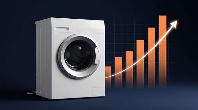 Washing machine centered with rising price increase bar chart background showing economic inflation of consumer electric product costs