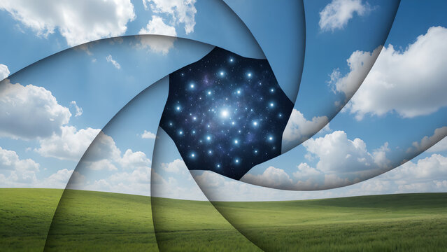 Abstract conceptual image showing a camera lens aperture opening to reveal a starry night sky above a green field.