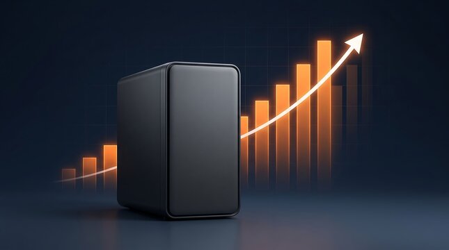 Desktop computer tower with rising price bar chart and glowing arrow representing technology cost increase for high performance hardware