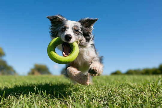 Dog retrieving training dummy from grass in bright sunlight  