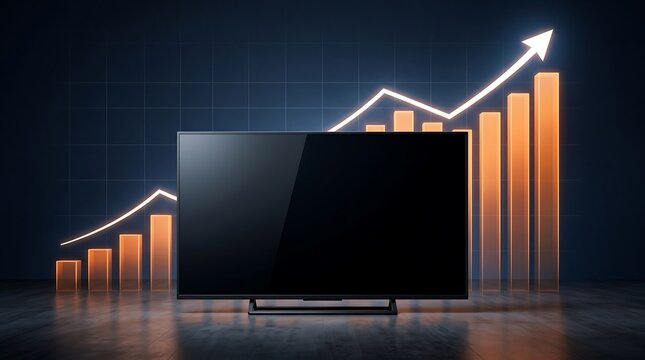 Smart television with rising price bar chart and glowing arrow illustrating consumer electronics cost increase for modern home entertainment