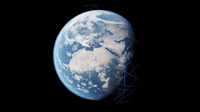 Global data transfer through space above the earth's surface. Networking and communication 3d animation.