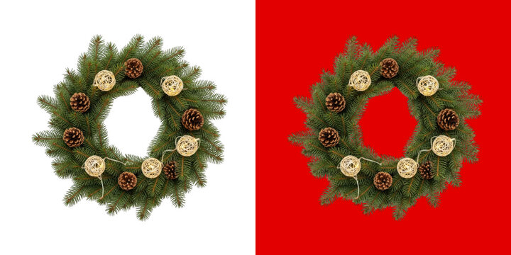 Natural Christmas Wreath with Pine Cones and Decorative Light Ornaments transparent png