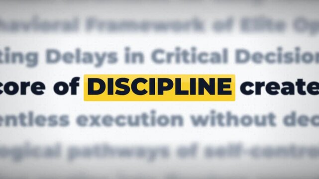 Motivational book text about discipline and willpower flashing on screen, 4K seamless loop