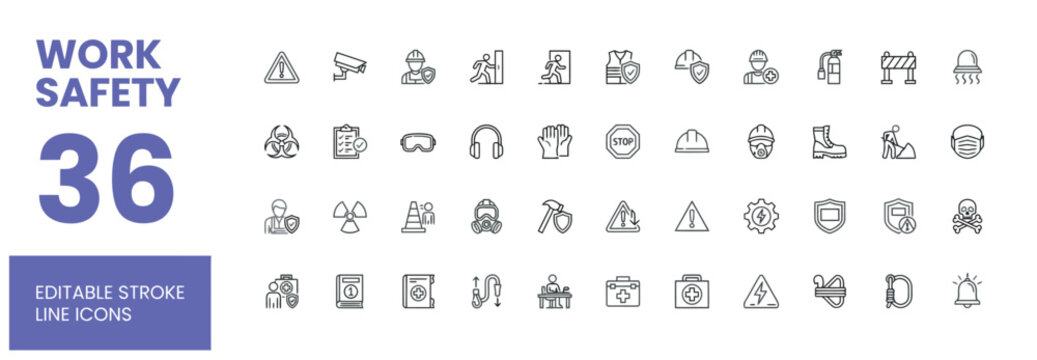 Work safety line icons in black on a white background, representing protection and hazard prevention.
