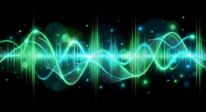 Abstract green sound waves on black background digital illustration for music and technology