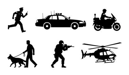 Police Officer Silhouettes, Patrol Car, Motorcycle, K9 Unit, Soldier, Helicopter Icons © Dhriti