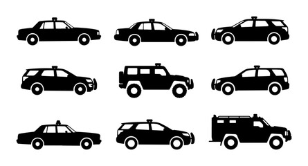 Police Car Icons, Law Enforcement Vehicle Silhouettes, Security Transport Vector Set © Dhriti