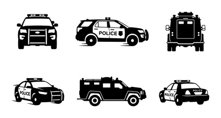 Police Car Icons, Law Enforcement Vehicles, Security Patrol Cars, Black and White Vector Set © Dhriti