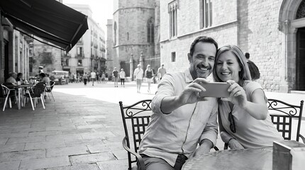 Obraz premium A casually dressed couple in their 40s and 50s taking a selfie with a smartphone at an outdoor cafe capturing a vacation memory in Barcelona for a Black concept Tourists in 40s and 50s taking a