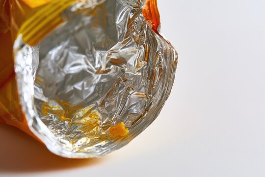 Crinkled metallic wrapper with remnants of orange-yellow snack residue inside