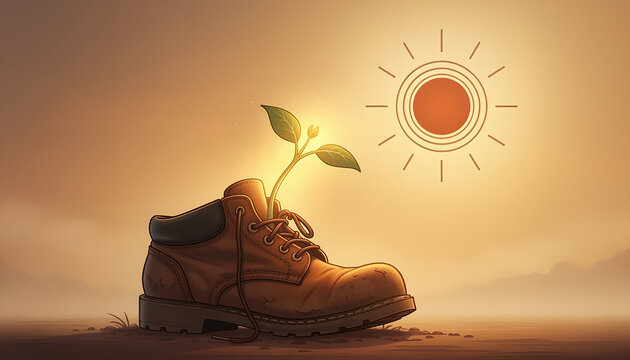 A small green plant growing out of an old leather boot under the warm sun.