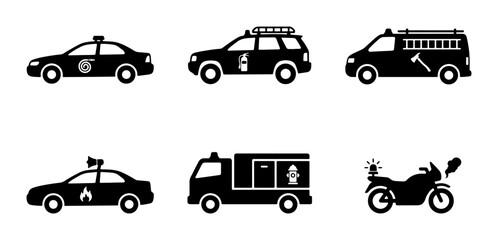 Emergency Vehicle Icons: Police, Fire Truck, Ambulance, Motorcycle, SUV, Car © Dhriti