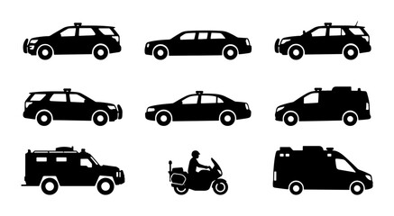 Black Silhouette Icons: Police Cars, SUV, Limo, Motorcycle Officer, Ambulance, Armored Vehicle © Dhriti