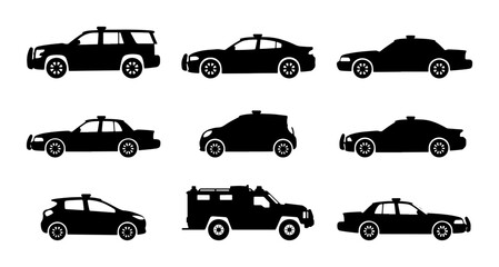 Police Car Icons, Law Enforcement Vehicle Silhouettes, Security Transport Vector Set © Dhriti