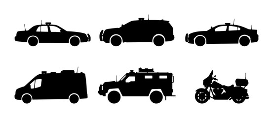 Law Enforcement Vehicle Silhouettes: Police Cars, SUV, Van, Armored Truck, Motorcycle © Dhriti