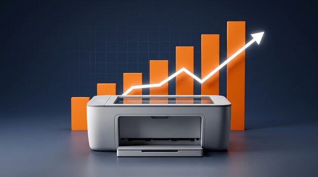 Home office printer with rising price bar chart and glowing arrow illustrating office equipment cost increase for business supply chain market