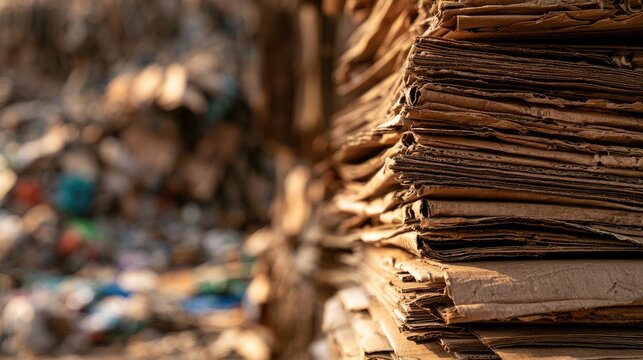 Close-up of a stack of weathered cardboard, with a blurred background of refuse
