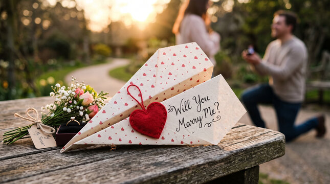 Handmade paper airplane with heartfelt love message tied to rustic wooden bench at golden hour